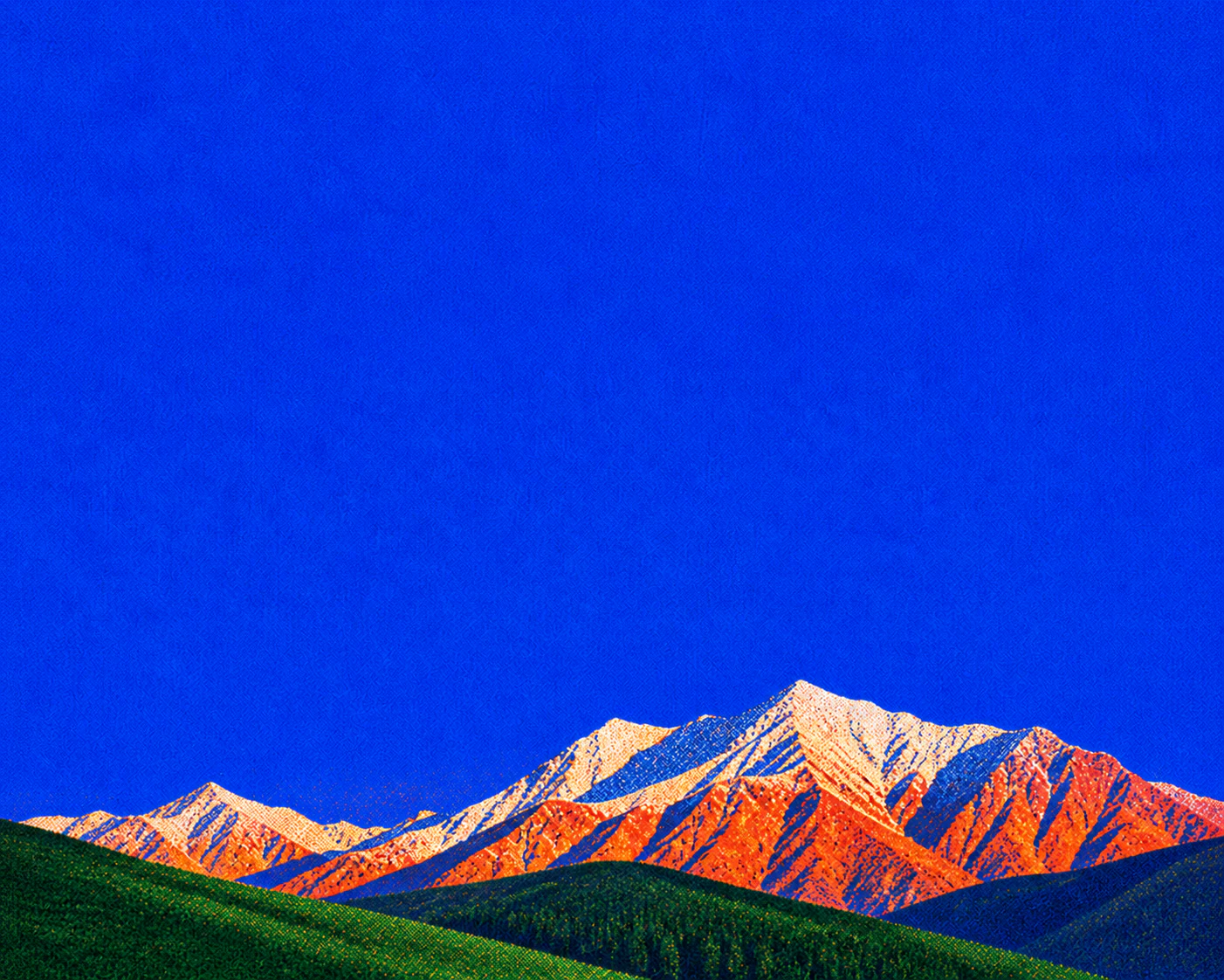 Screen-printed coral mountains beneath a cobalt sky and green hills